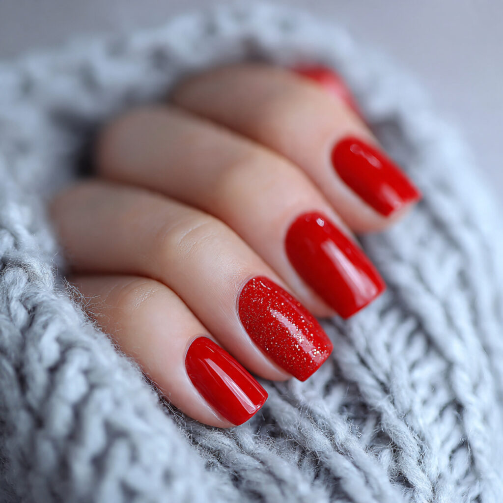 red nails with minimal accent nail focus