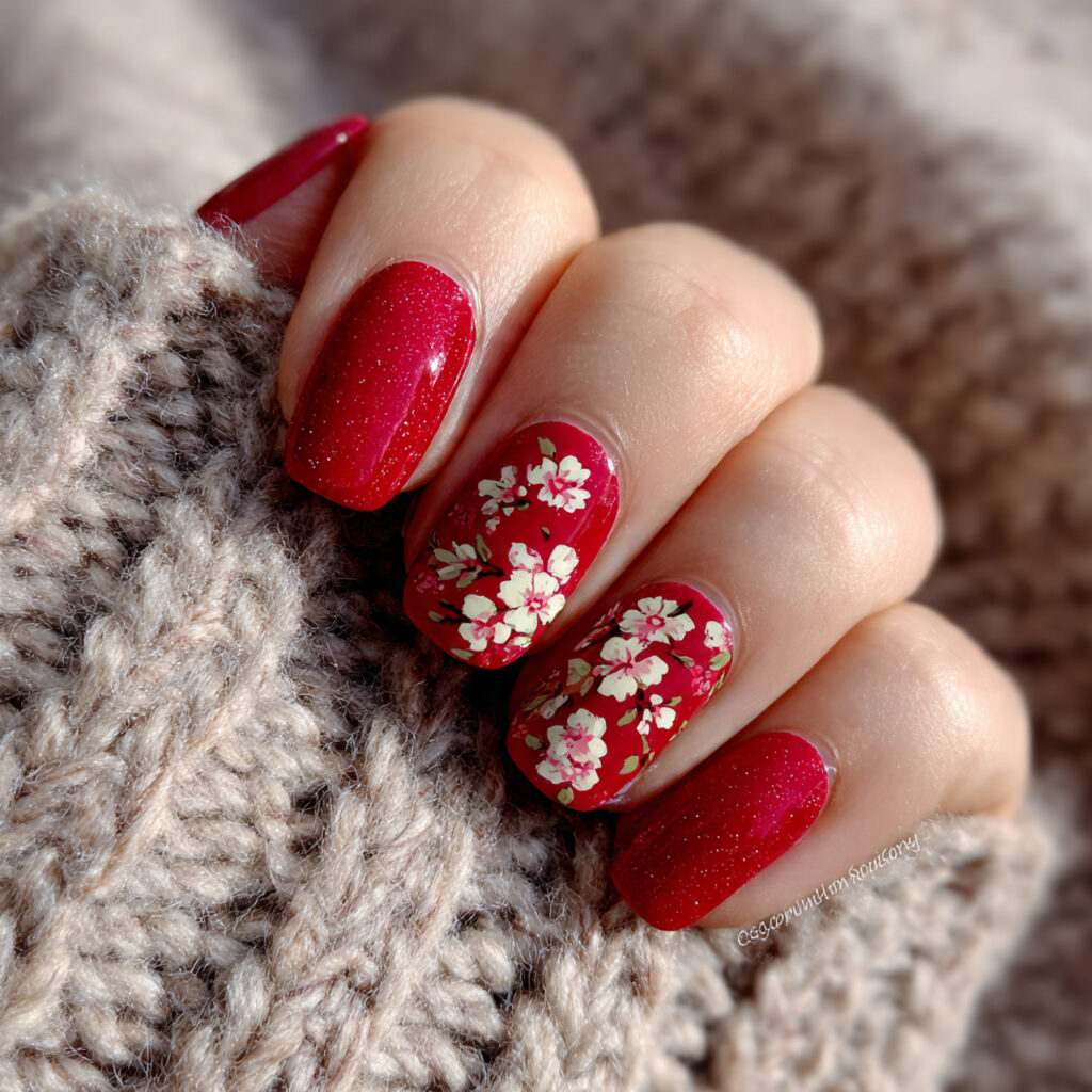 red nails with soft floral details