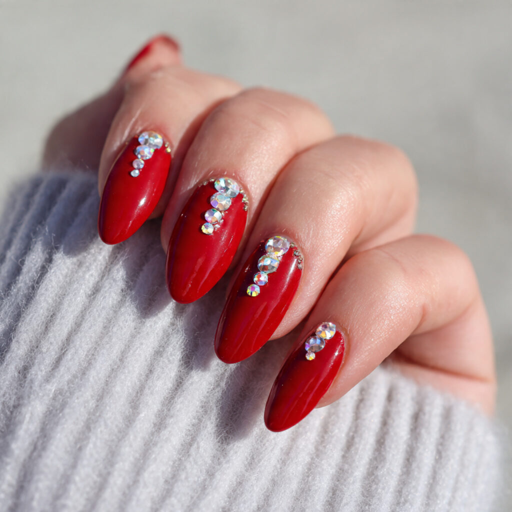 red with rhinestone accents creates glamorous valentine