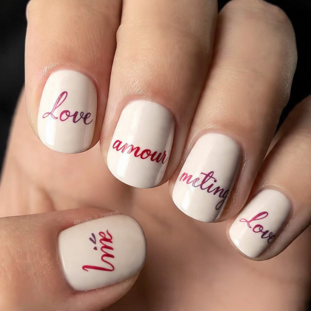 25 February Nails Feminine Ideas That Look Soft and Stylish 22 romantic script nails feature love themed words or