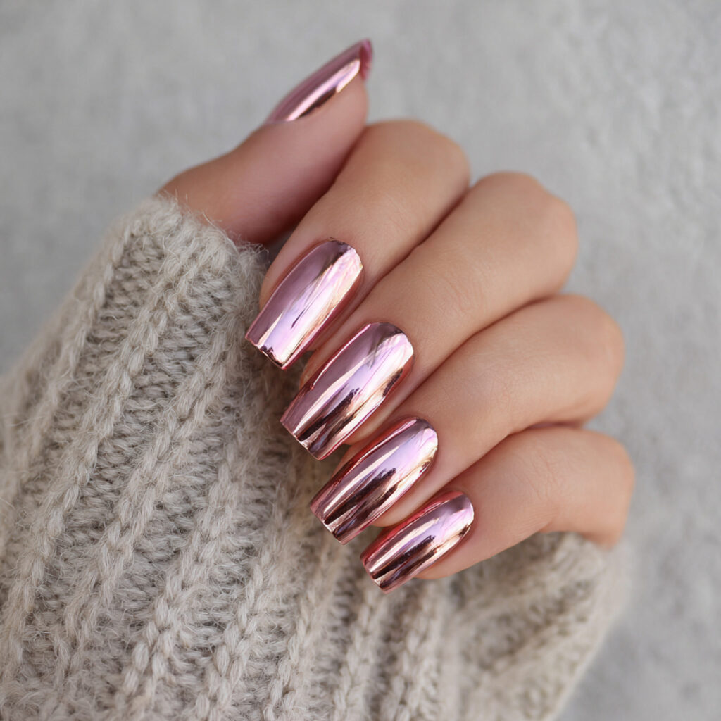 rose gold chrome nails blend pink undertones