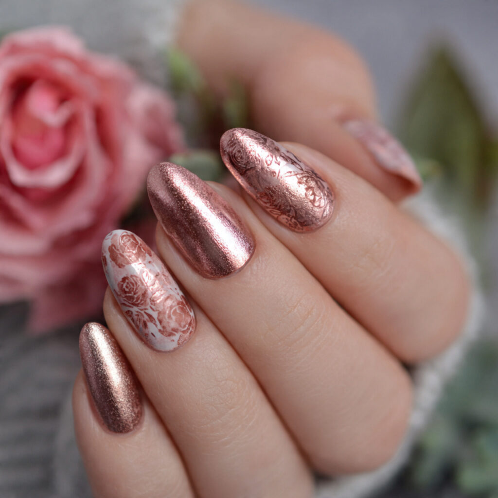 rose gold nails with a romantic shine
