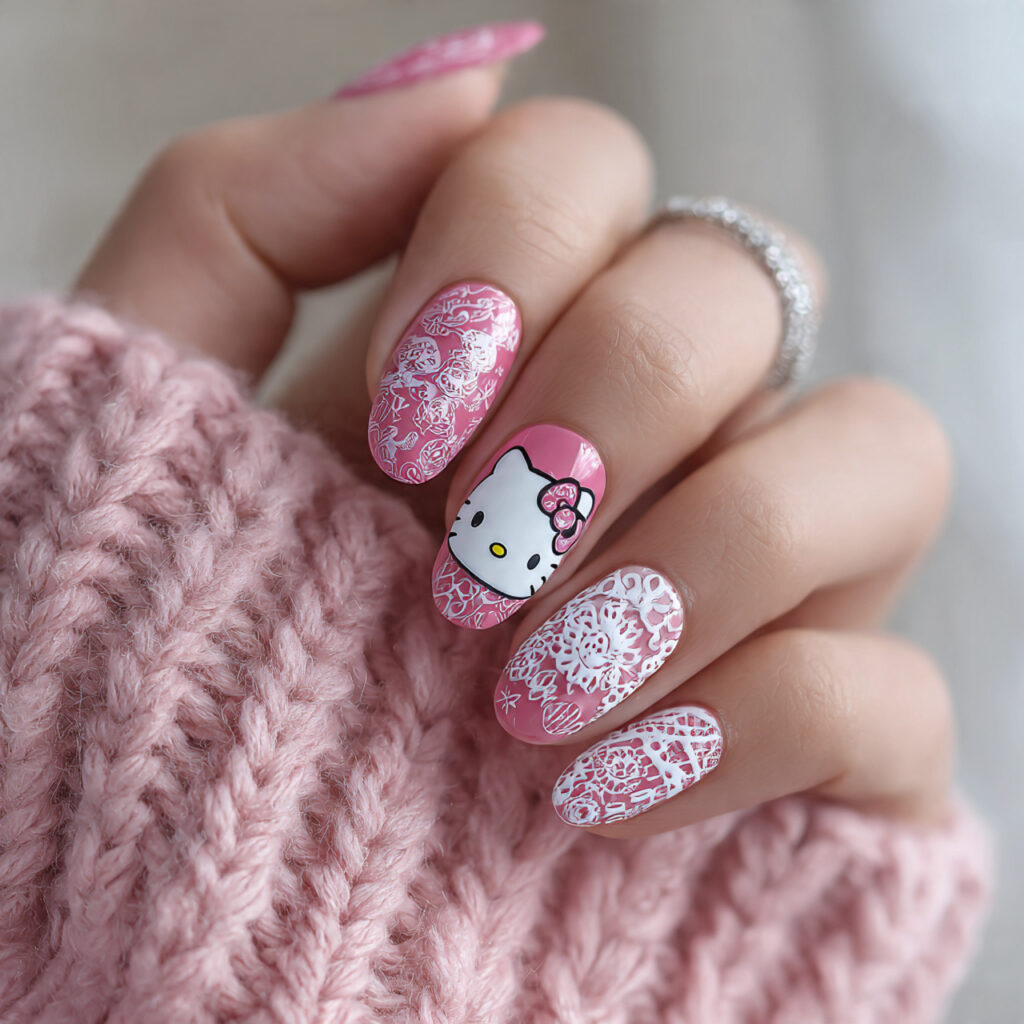 rose pink nails with hello kitty and