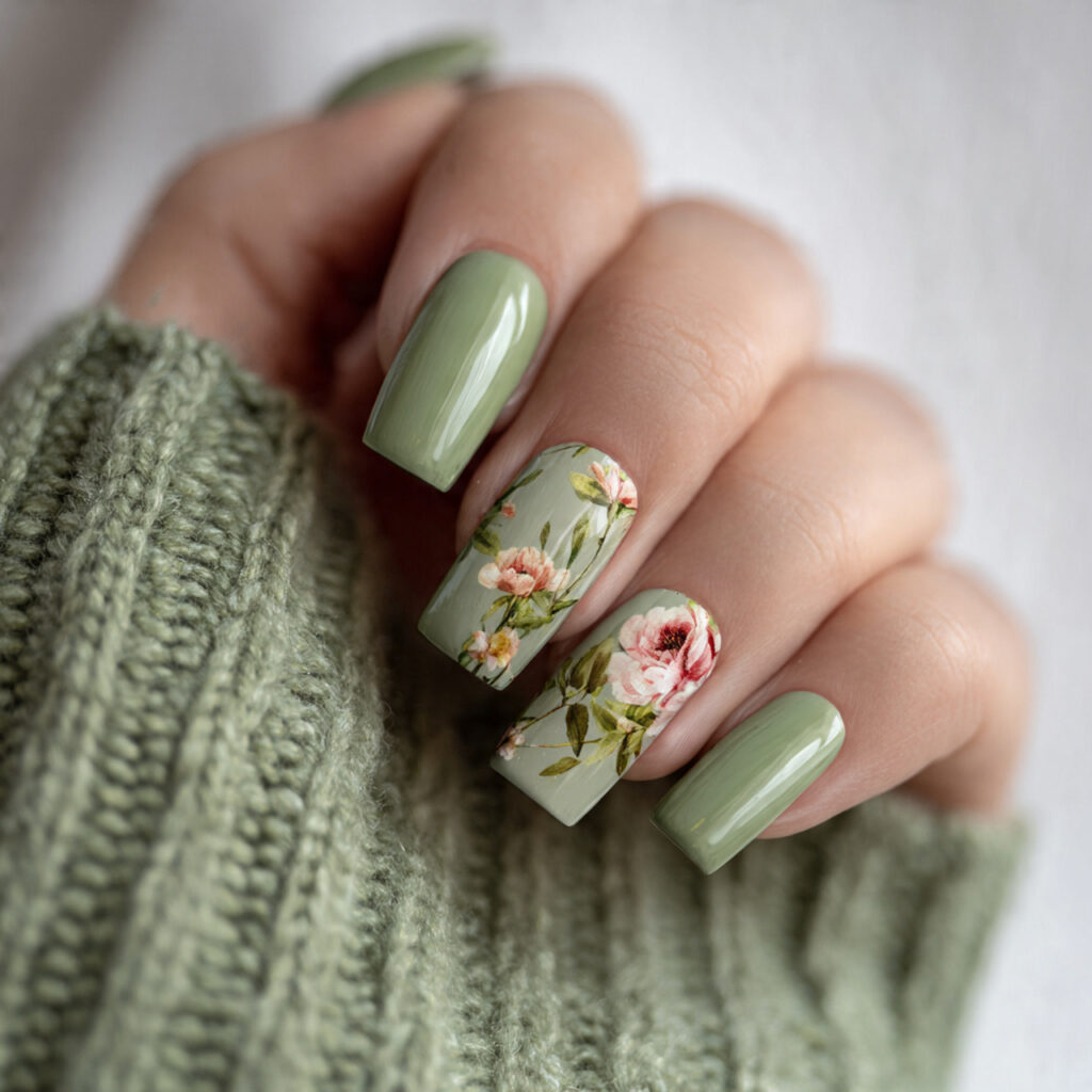 sage green nails pin style with the