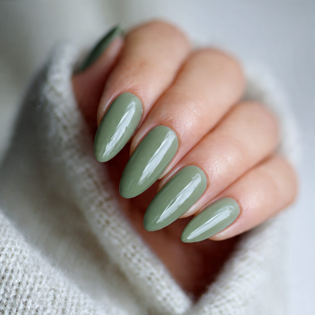 sage green nails with a glossy topcoat