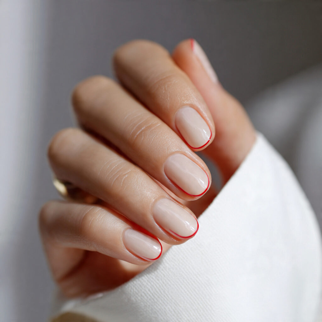 26 Neutral Valentine Nails for Short and Cozy Styles 23 sheer beige nails with a minimal red