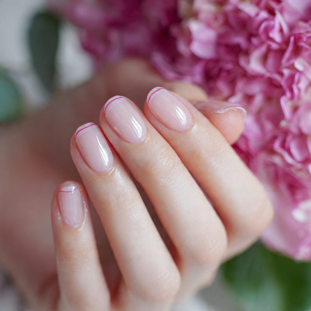 sheer nails with a soft pink line