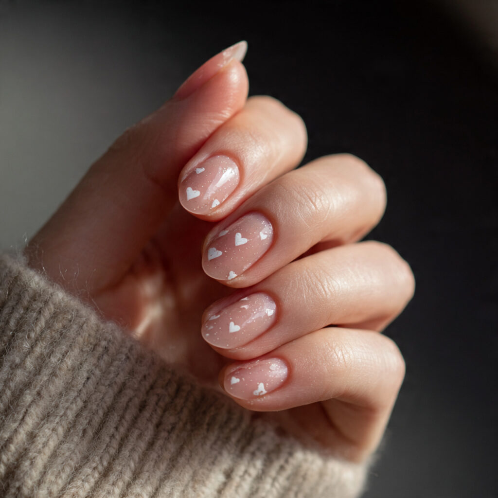 26 Neutral Valentine Nails for Short and Cozy Styles 8 sheer nails with barely visible hearts