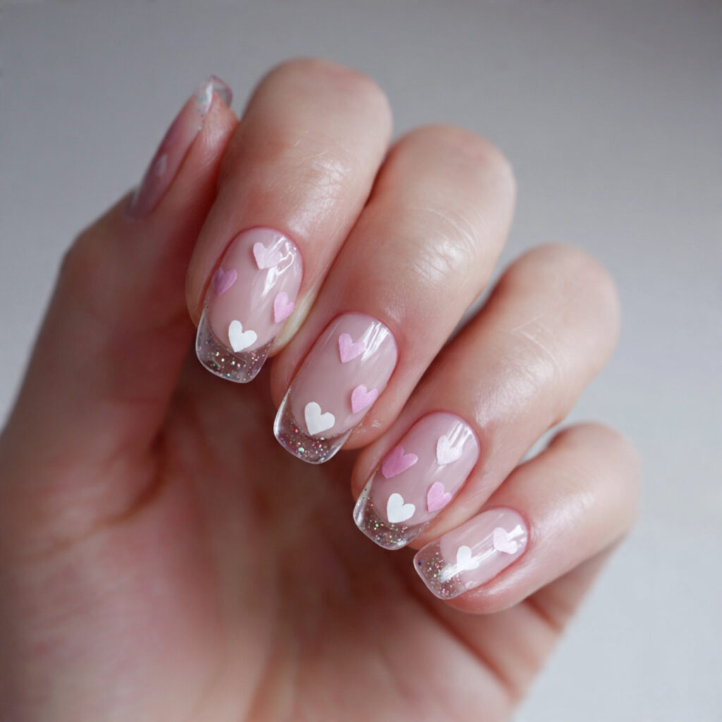 27 Heart Nail Designs for Romantic & Classy Nails 16 sheer nails with tiny floating hearts