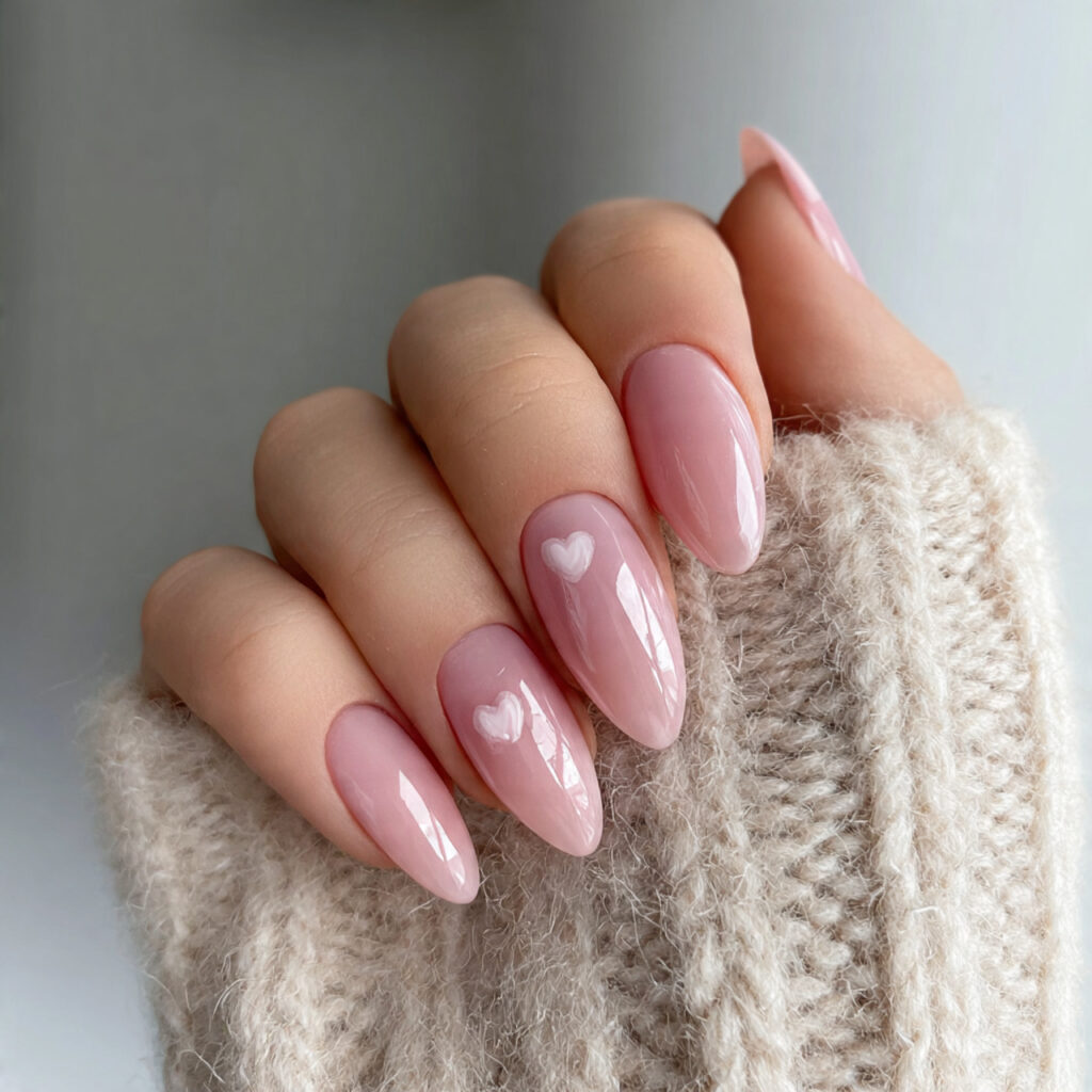 sheer pink almond valentine nails focus on