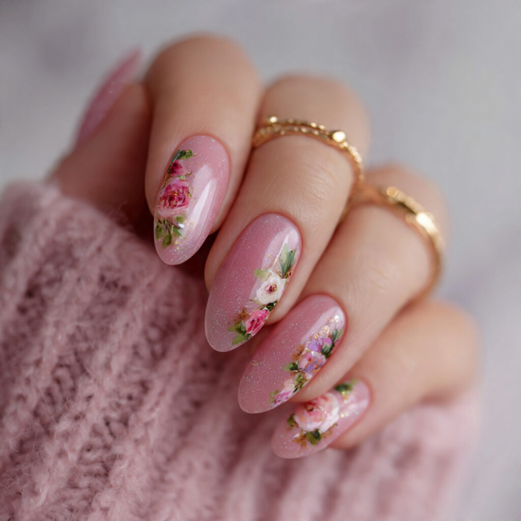 sheer pink nails with floral touches