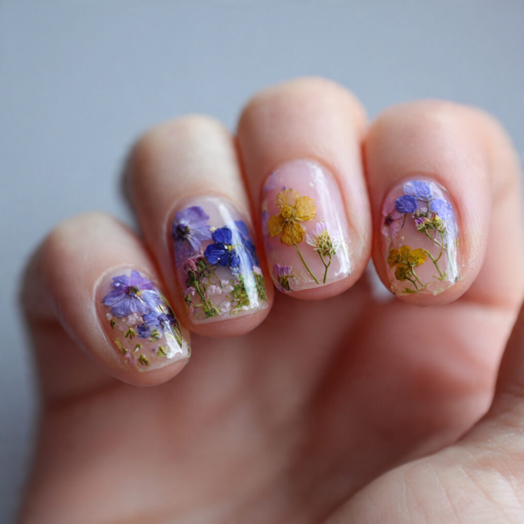 short nails with pressed flower effects 1