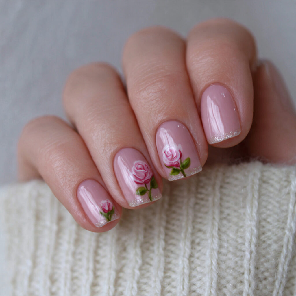 short nails with rose bud corner designs