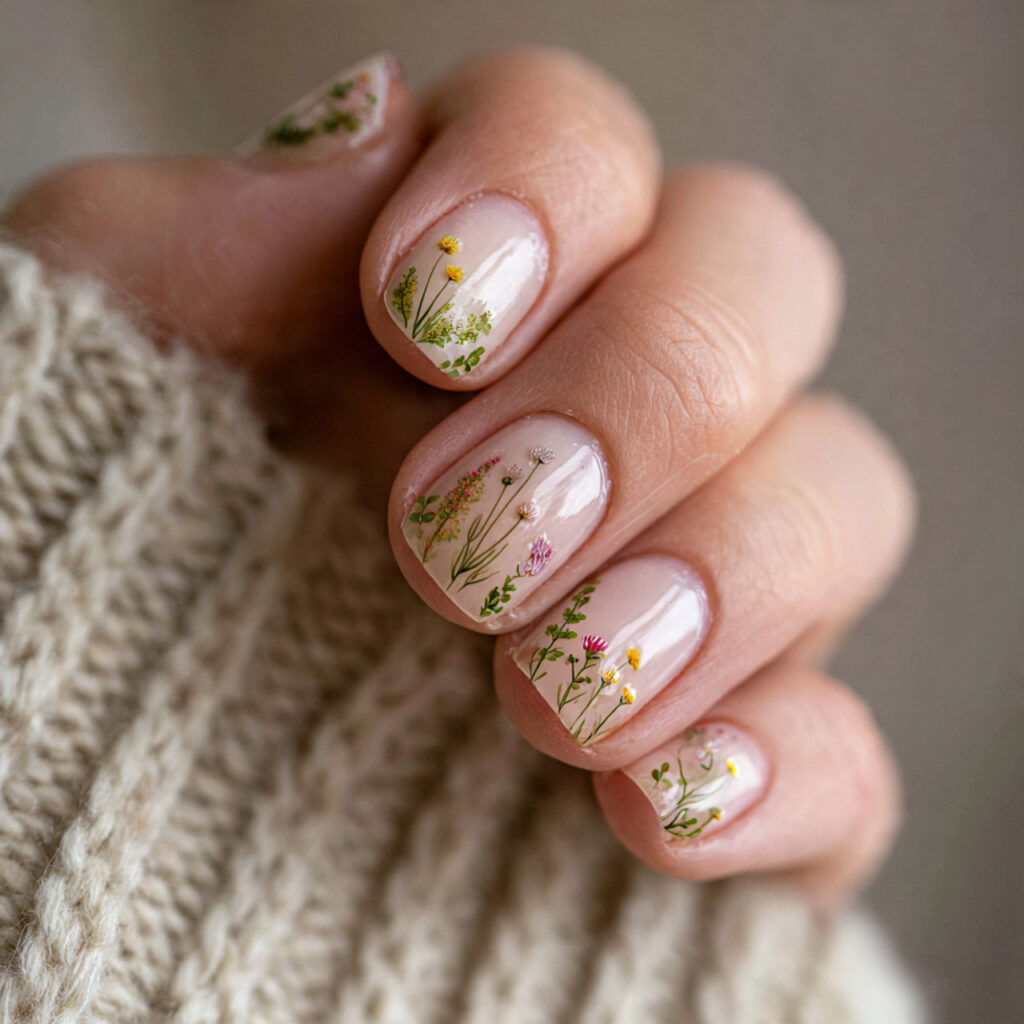 short nails with wildflower designs for a