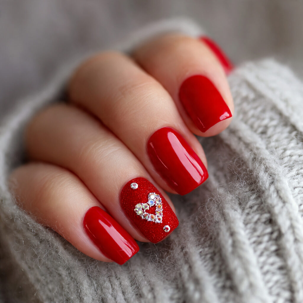 26 Red Valentine Nails Perfect for Short & Classy Designs 10 short red valentine nails with tiny rhinestones