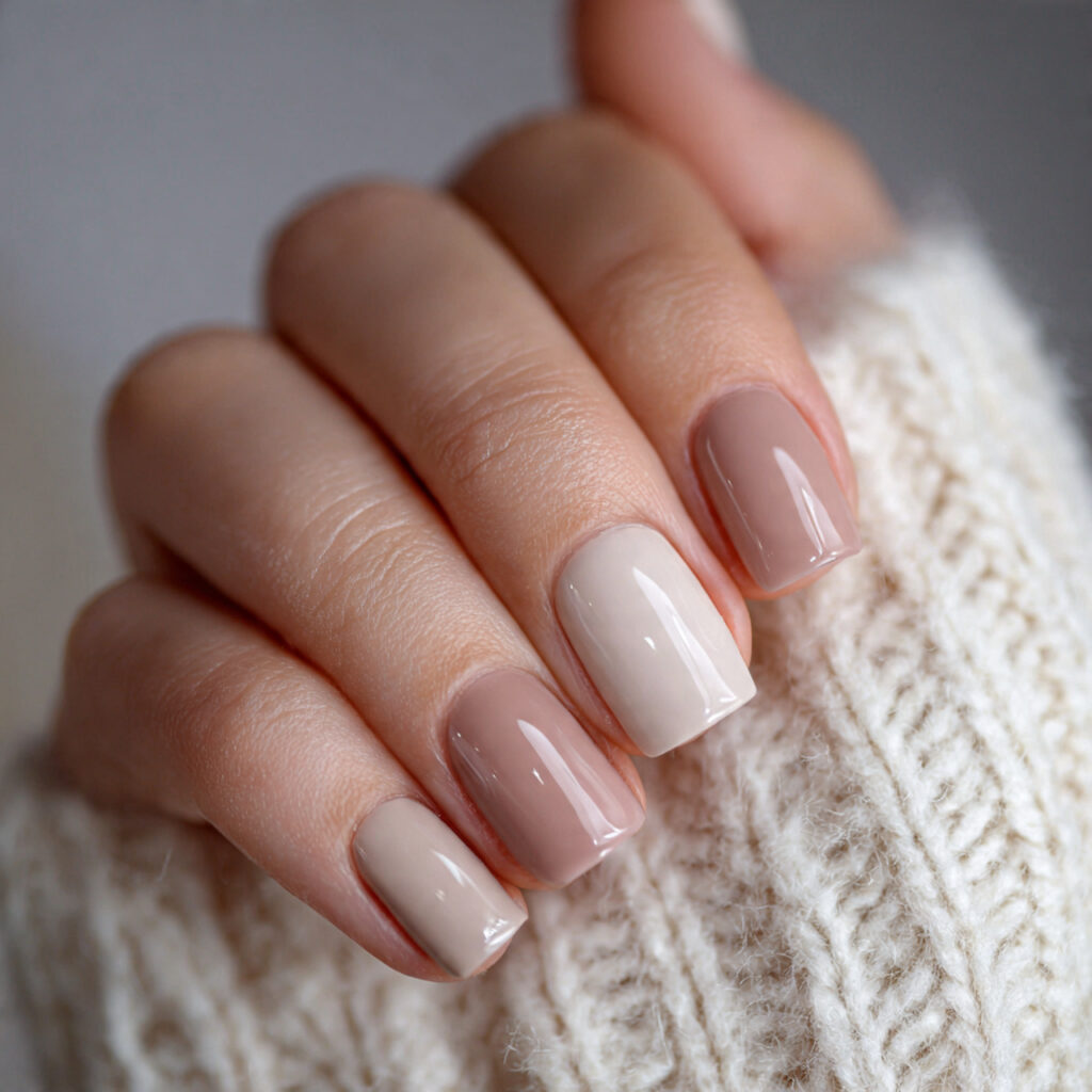 short square nails in soft neutral shades
