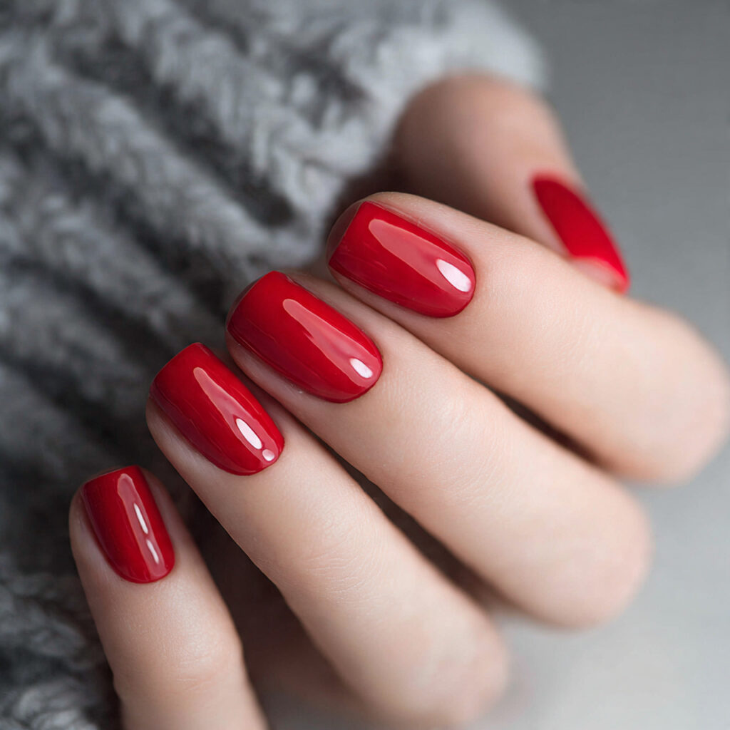 short square red nails look clean and