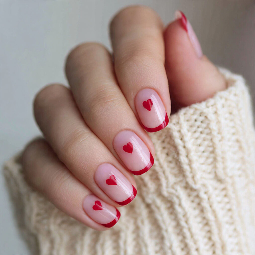 short valentine nails with heart french tips