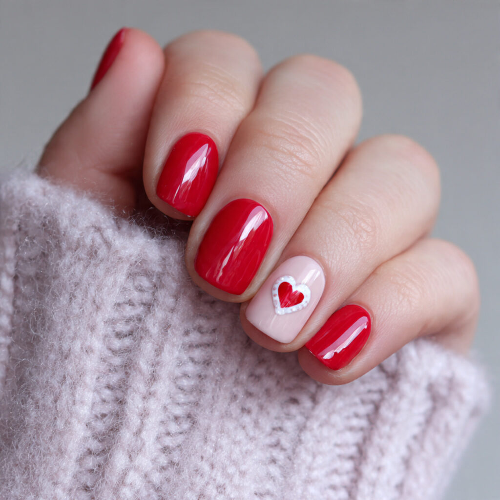 short valentine nails with micro heart details