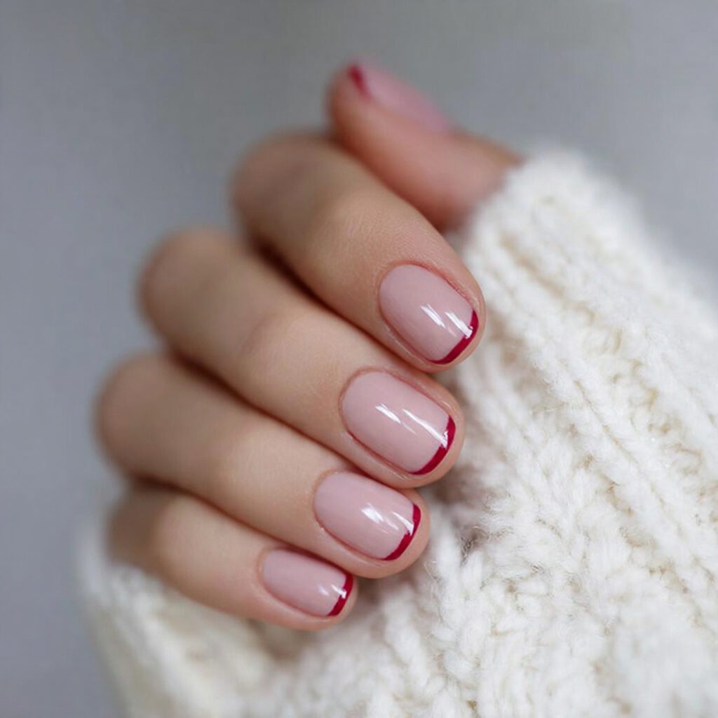 short valentine nails with minimal french tips