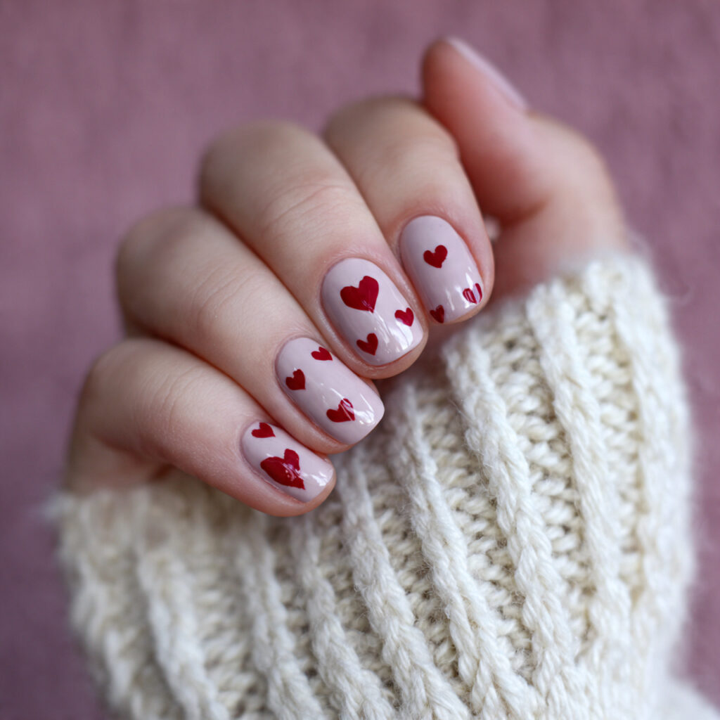 short valentine nails with minimal heart stickers