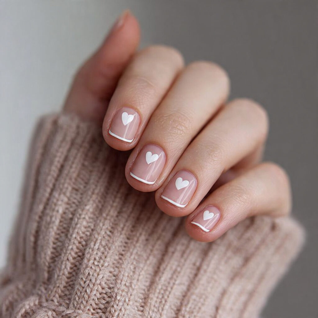short valentine nails with minimal line hearts