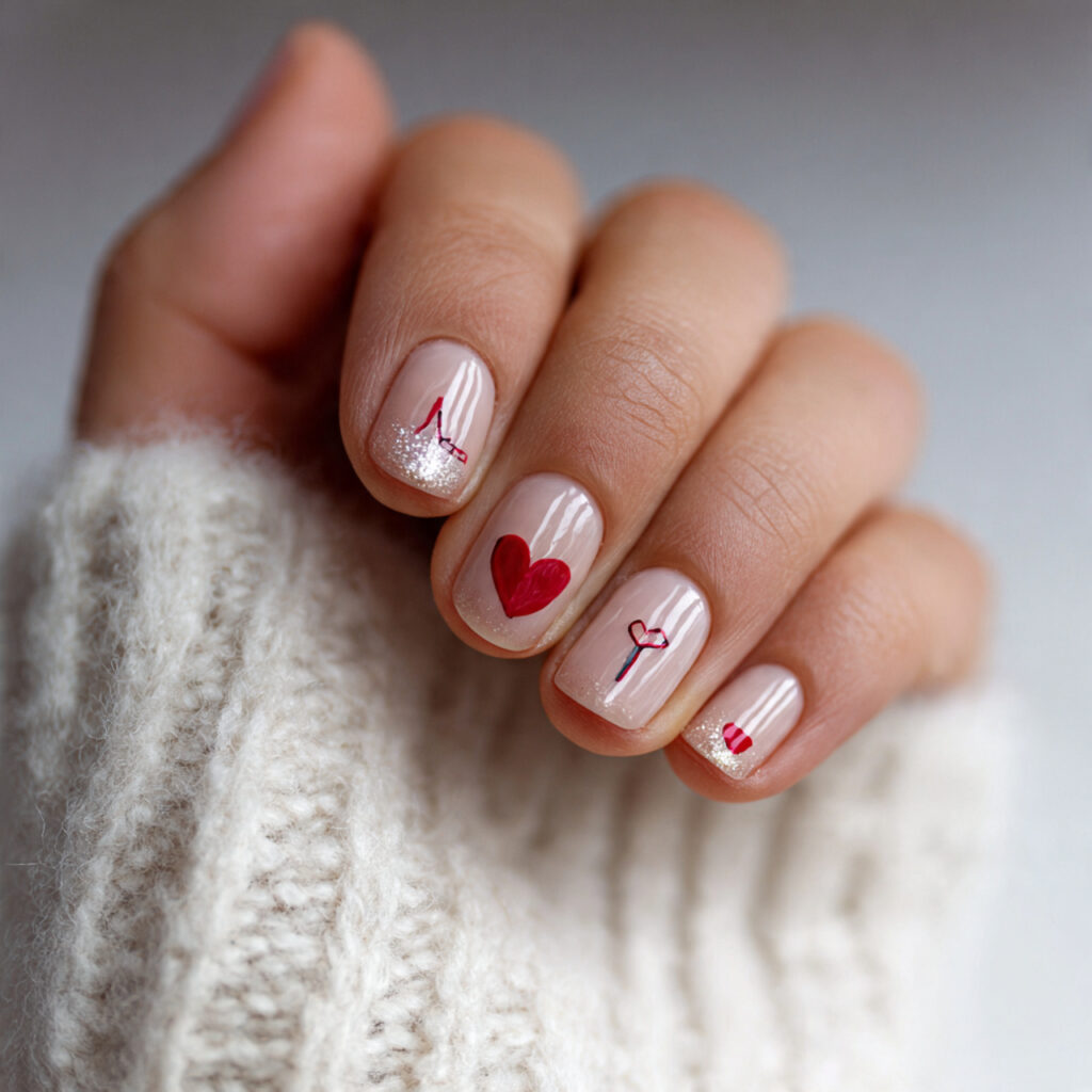 short valentine nails with minimal love symbols