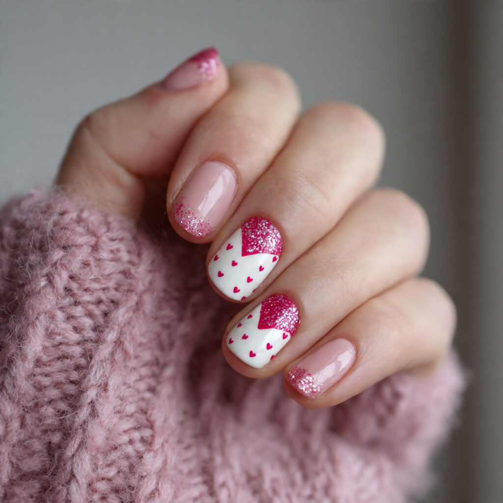 short valentine nails with minimal pink and