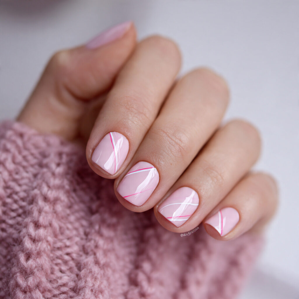 short valentine nails with minimal pink lines