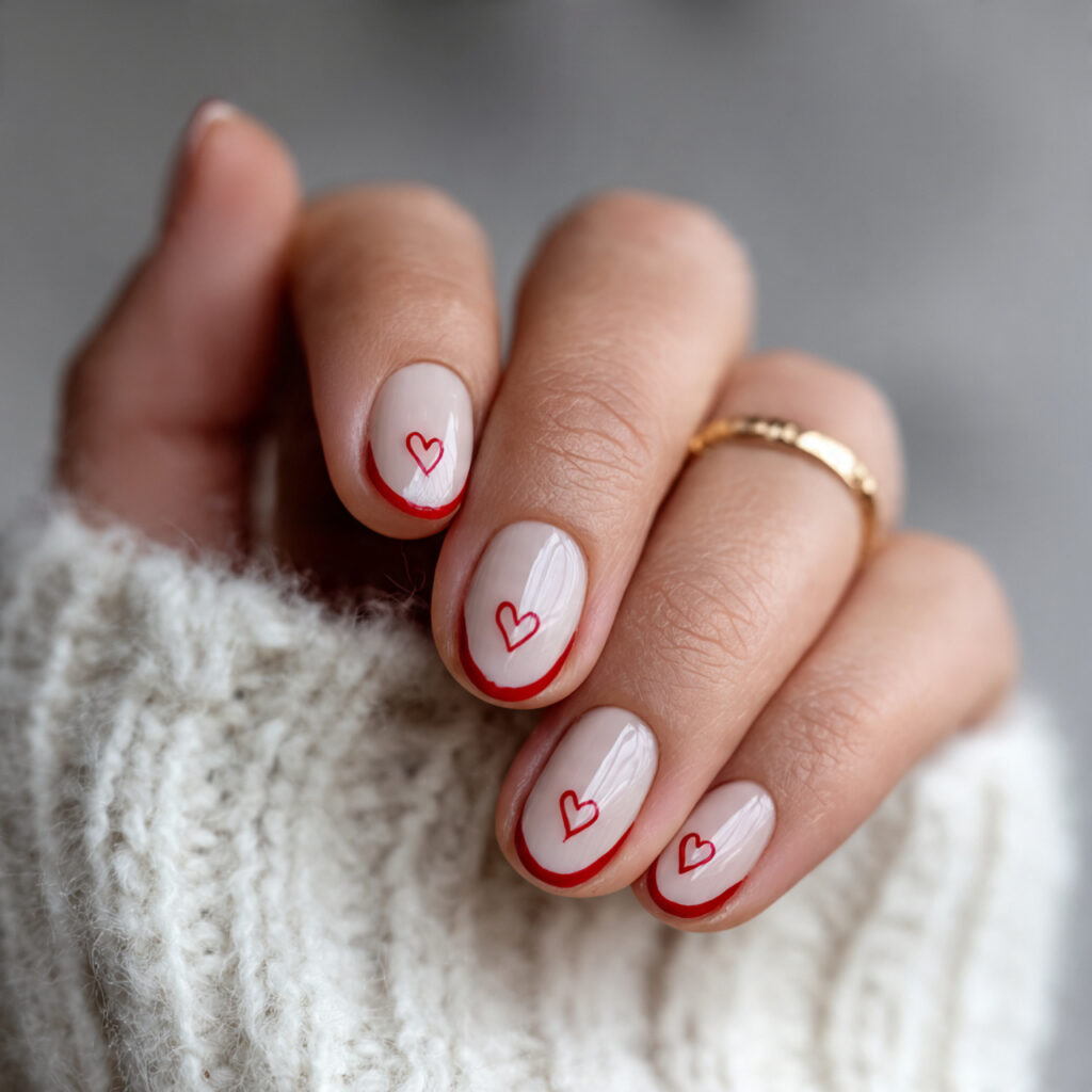 short valentine nails with minimal red outline