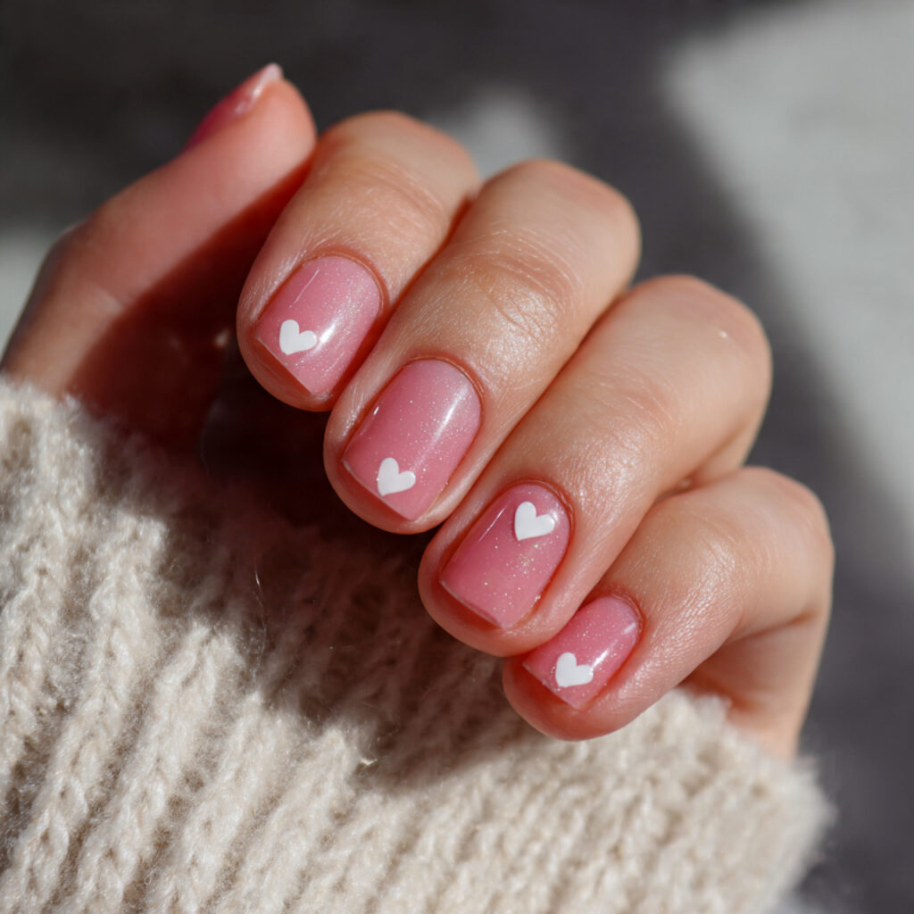 short valentine nails with sheer pink finish