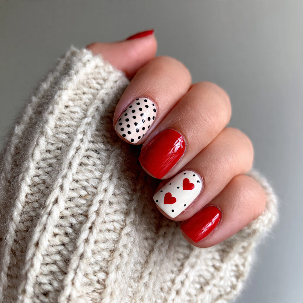 short valentine nails with simple dot heart 1