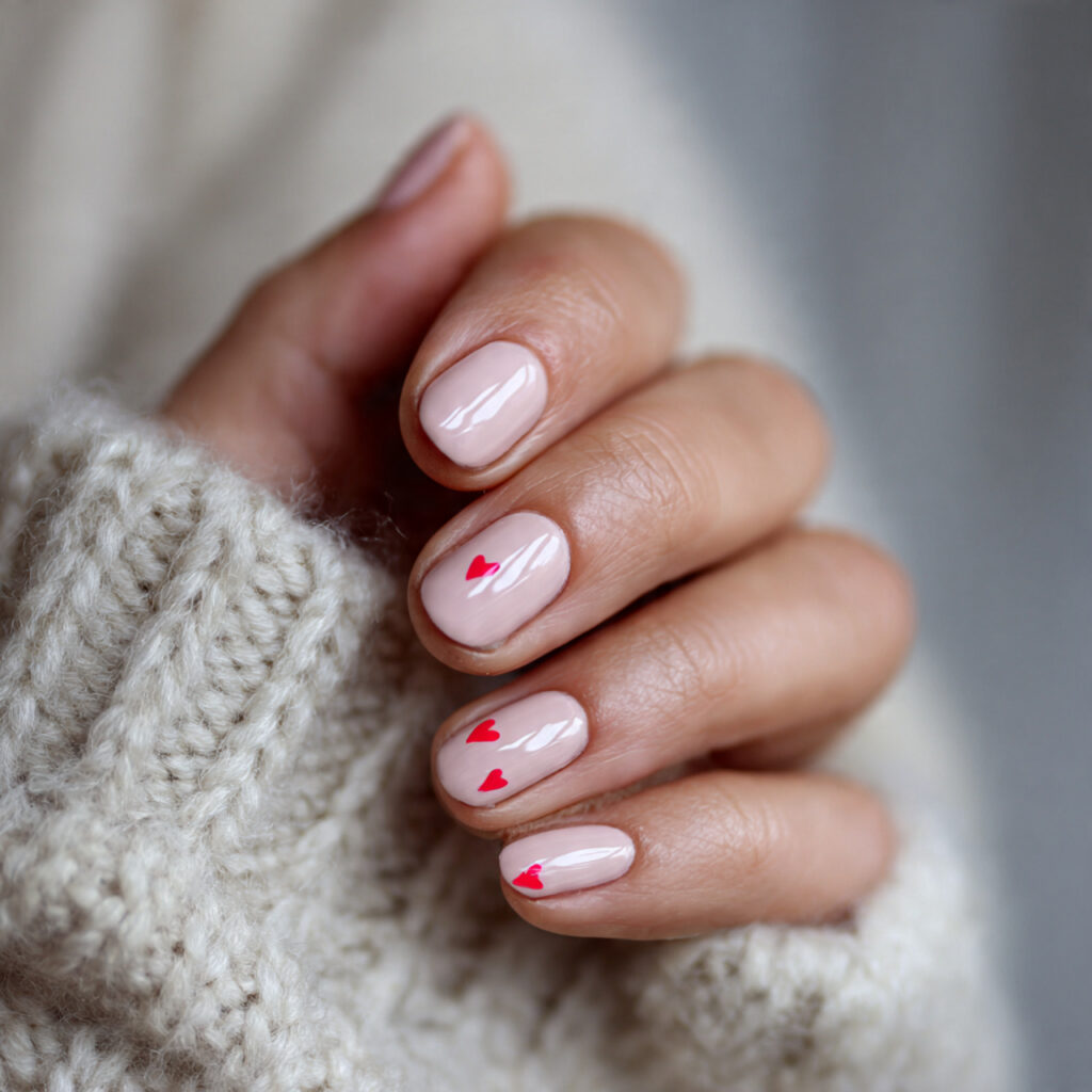 short valentine nails with soft blush pink