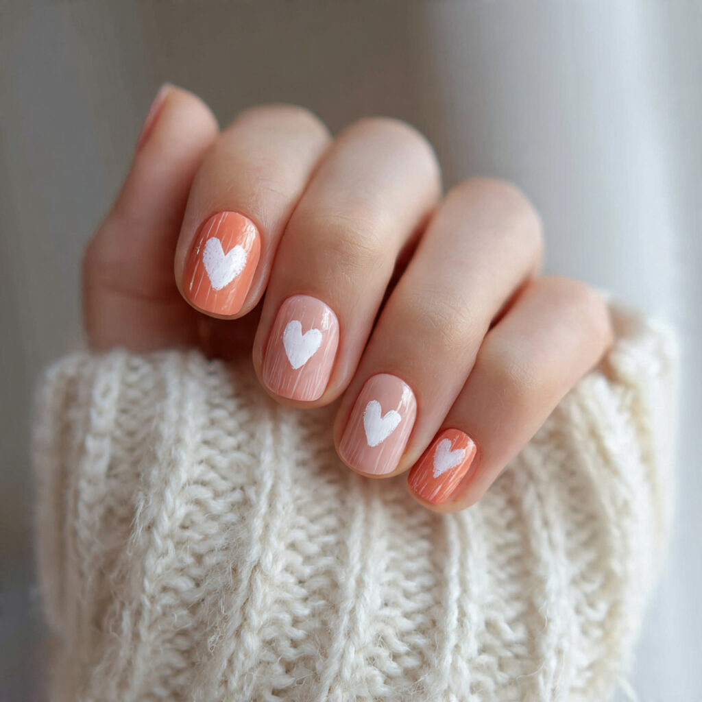 short valentine nails with soft peach tones