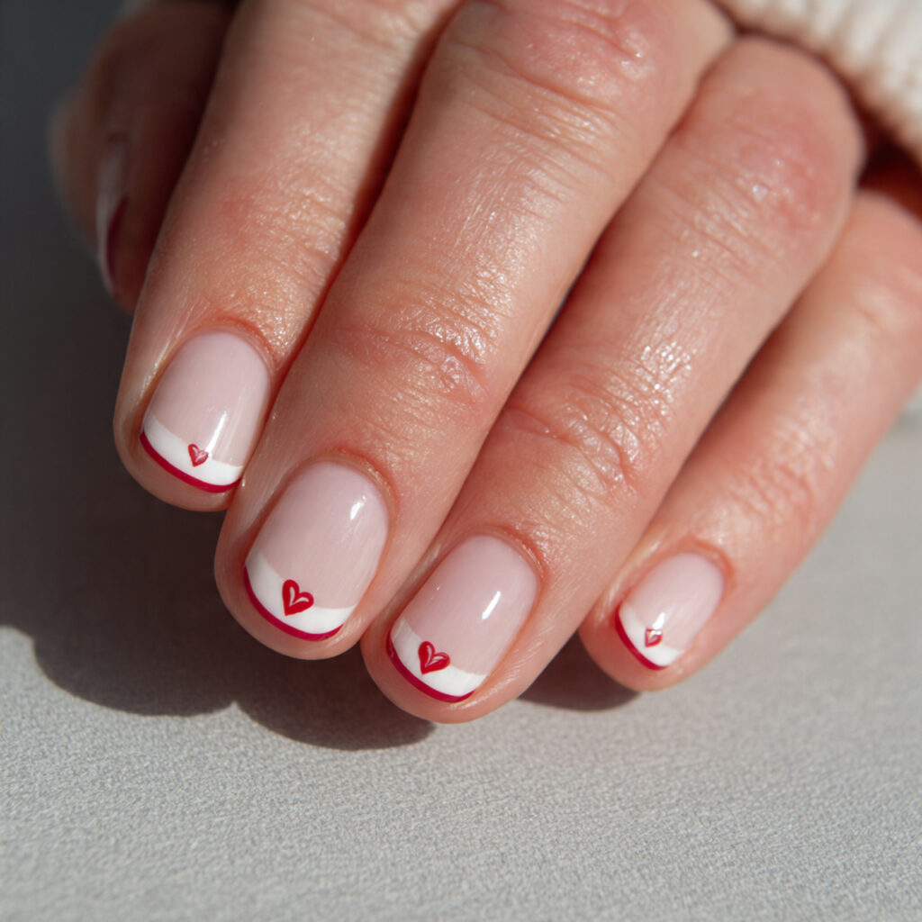short valentine nails with tiny heart cuticle