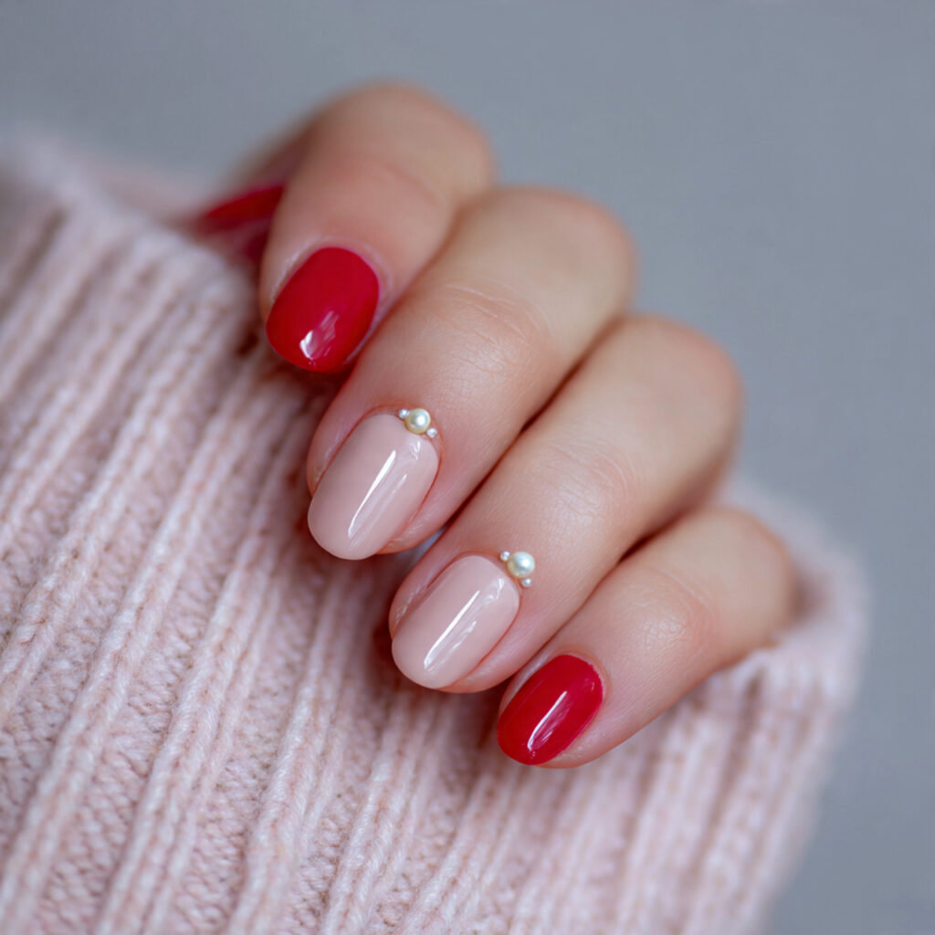 simple valentine nails with a minimal pearl