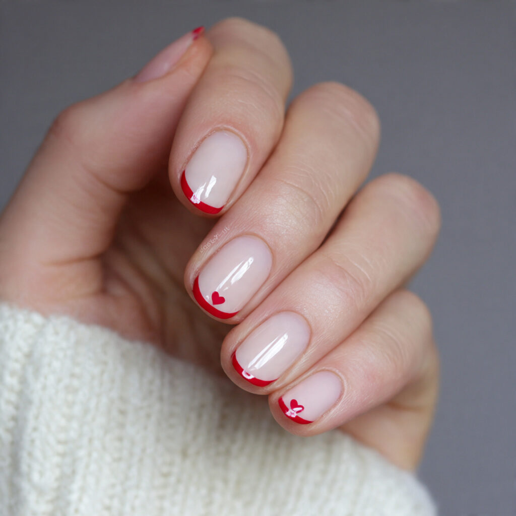 simple valentine nails with minimal heart corner