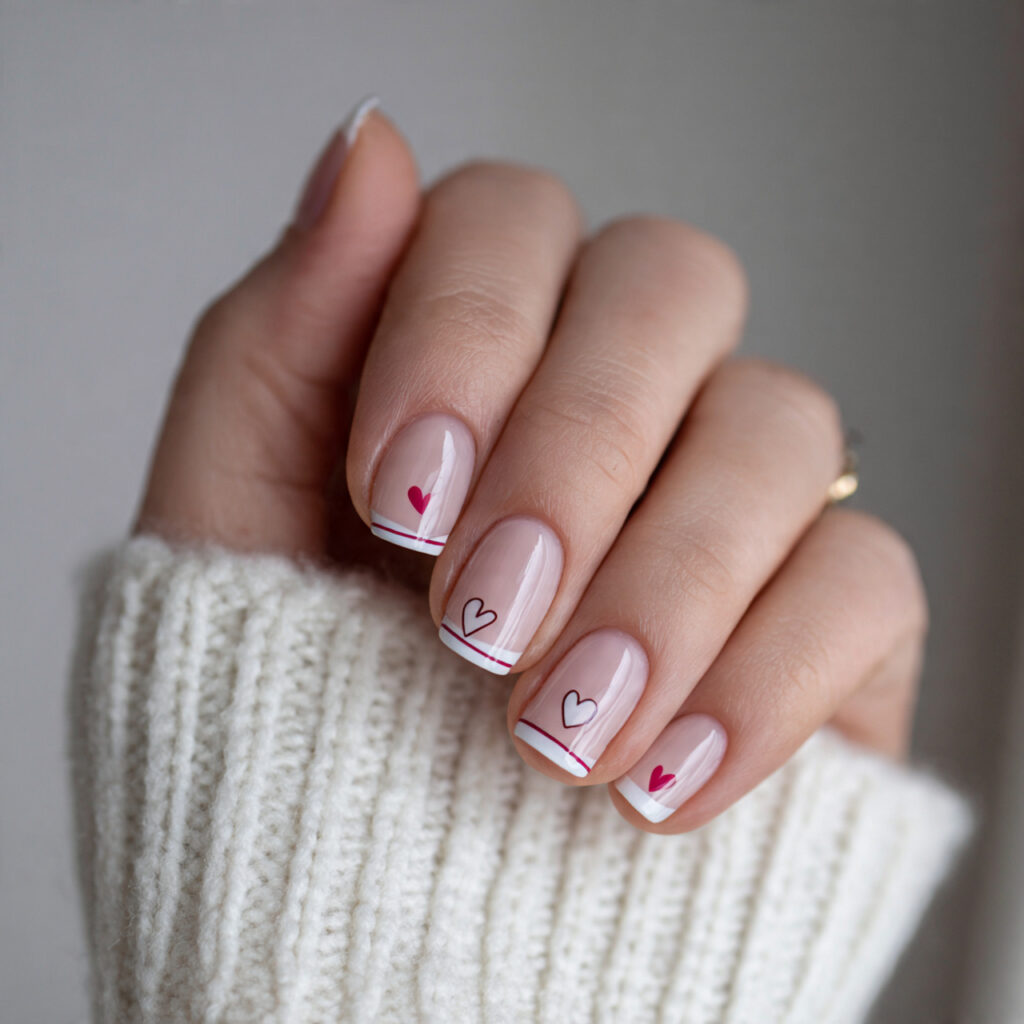 simple valentine nails with minimal heart line