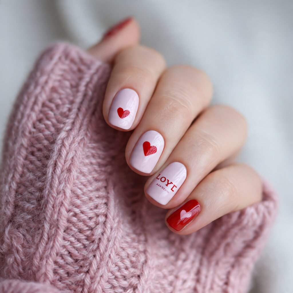 simple valentine nails with minimal heart stickers