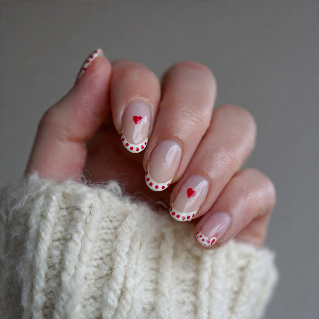 simple valentine nails with soft red dot