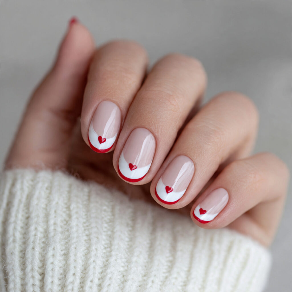 simple valentine nails with tiny heart cuticle