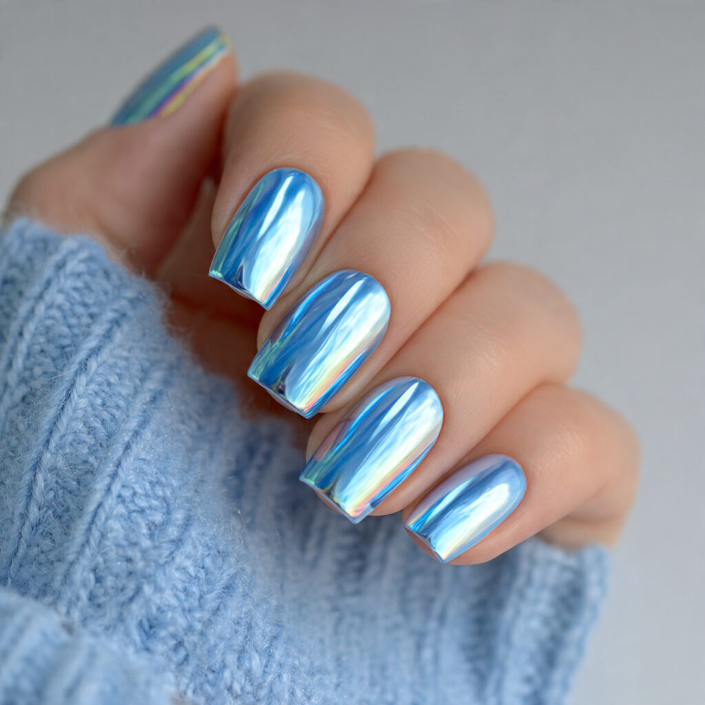 sky blue chrome nails blend soft blue