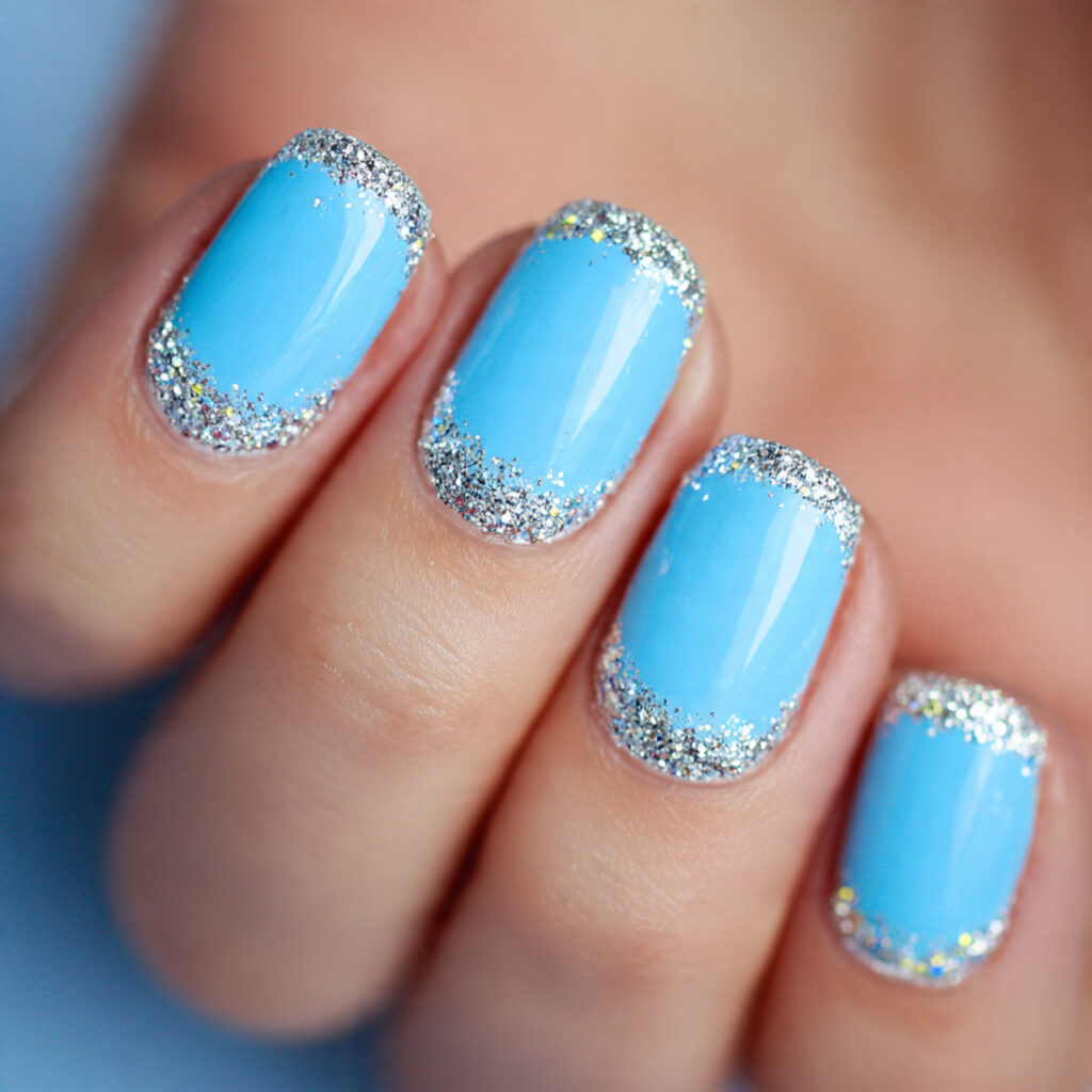 sky blue nails with silver glitter tips