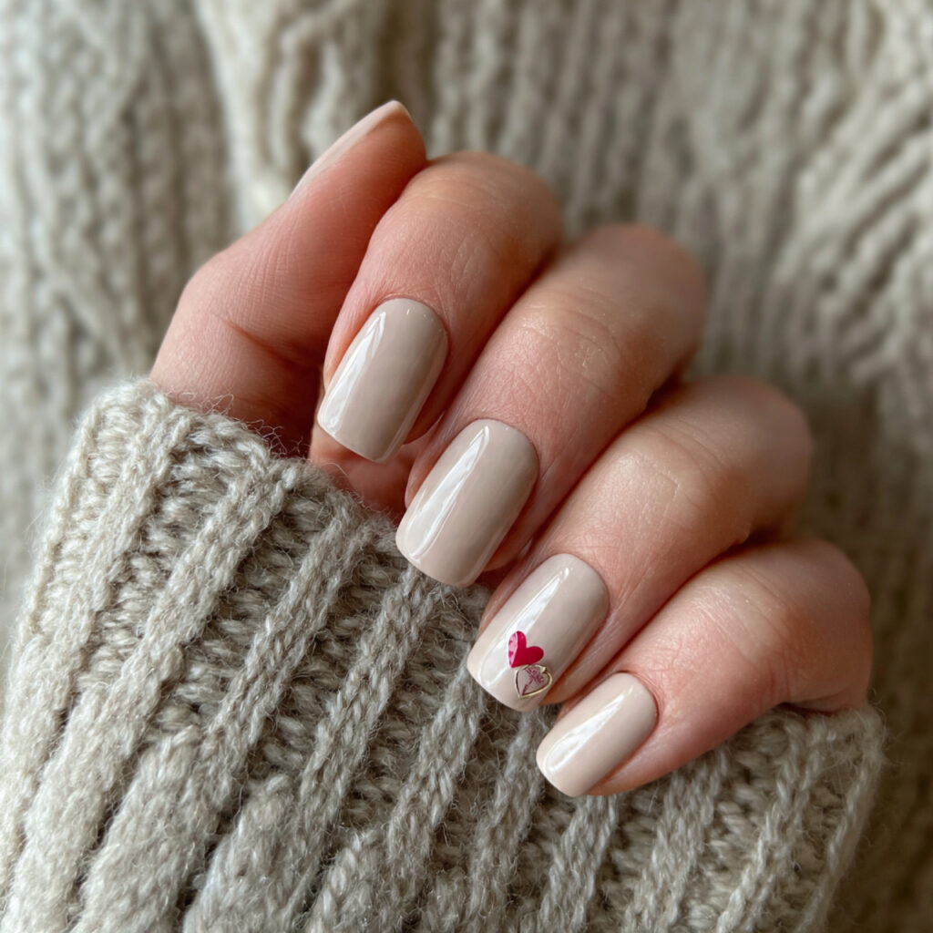 26 Neutral Valentine Nails for Short and Cozy Styles 2 soft beige nails with a tiny heart