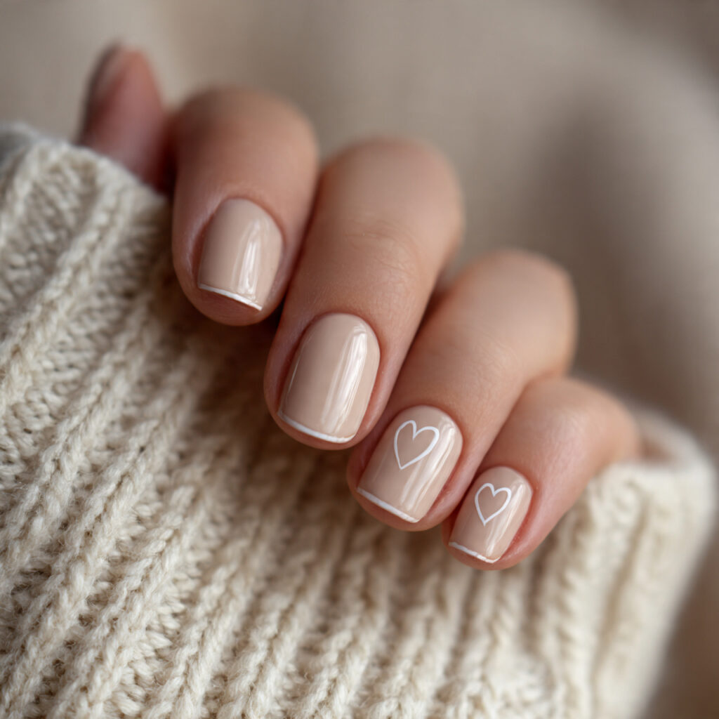 soft beige nails with tiny heart outline