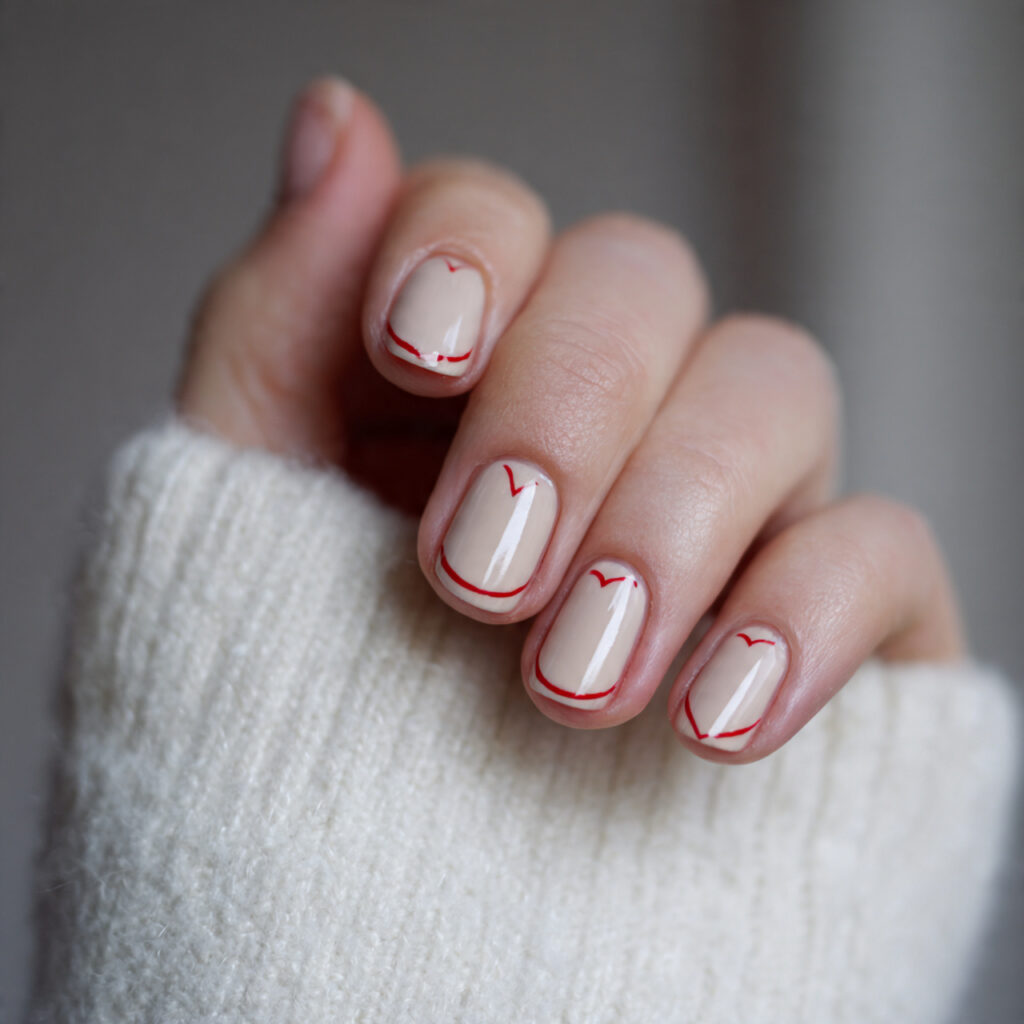soft beige nails with tiny red outline