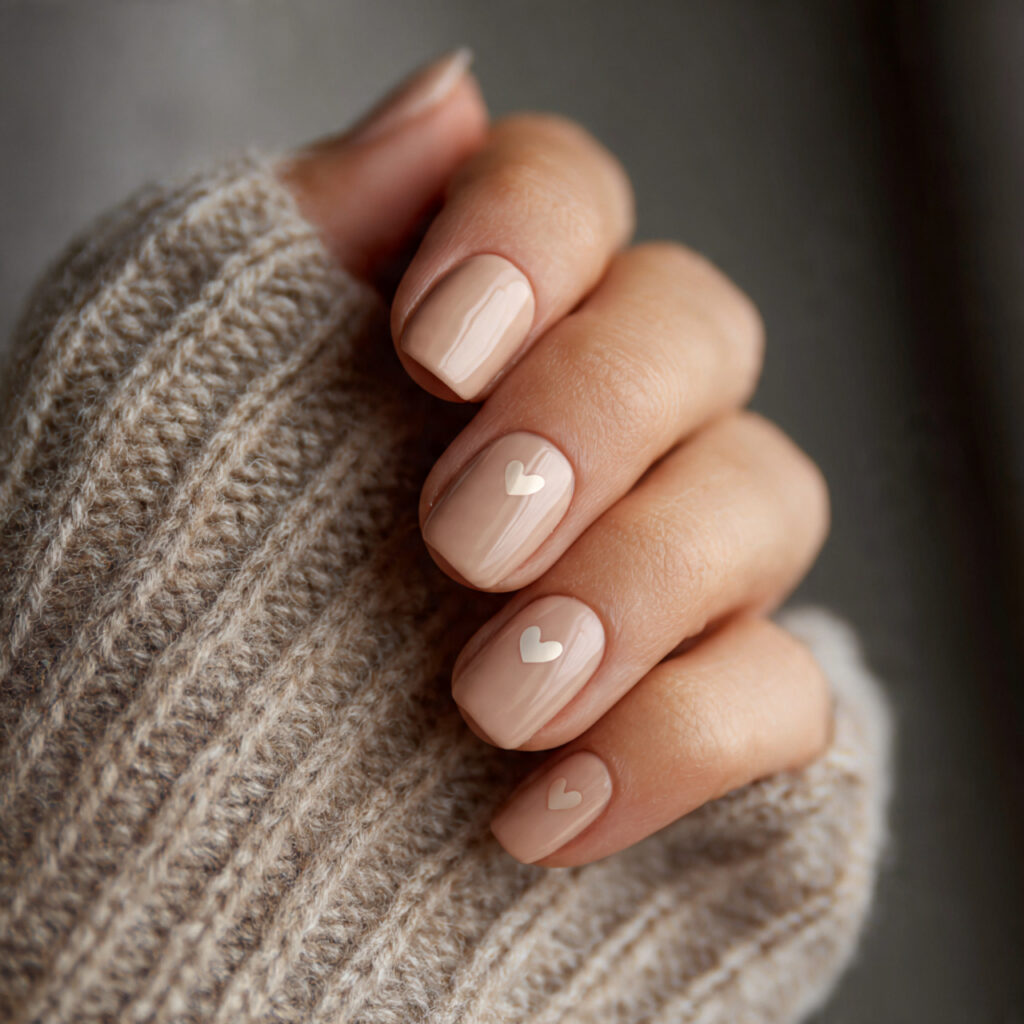 27 Heart Nail Designs for Romantic & Classy Nails 17 soft beige polish creates warmth and calm