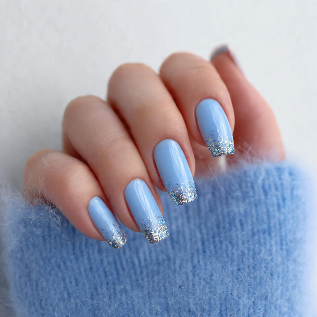 soft blue january nails with minimal glitter