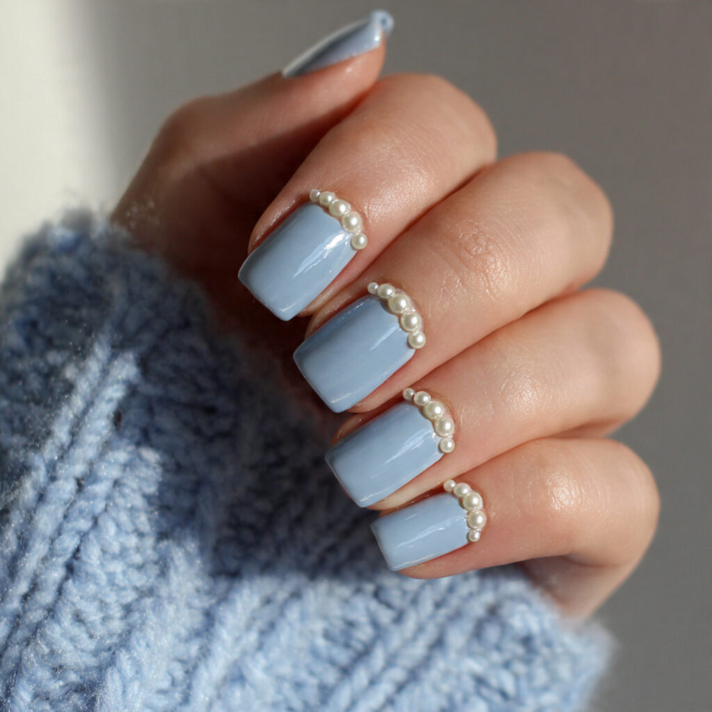 soft blue january nails with pearl or