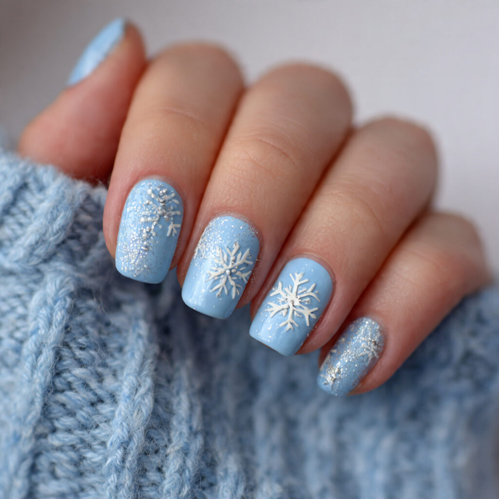 soft blue january nails with snowflake designs